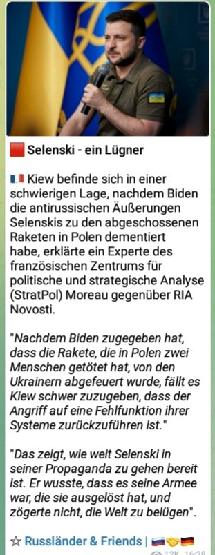 #Kiew befindet sich in schwieriger Lage, nachdem #Biden den 🤡 #Selenskyj im Bezug #Polen der Lüge überführt hat?

Die Frage die sich daraus ergibt: Hat die #USA + #NATO diesen "Schneemann" Selenskyi überhaupt noch unter Kontrolle und welche #Propagandalüge verbreitet der morgen?