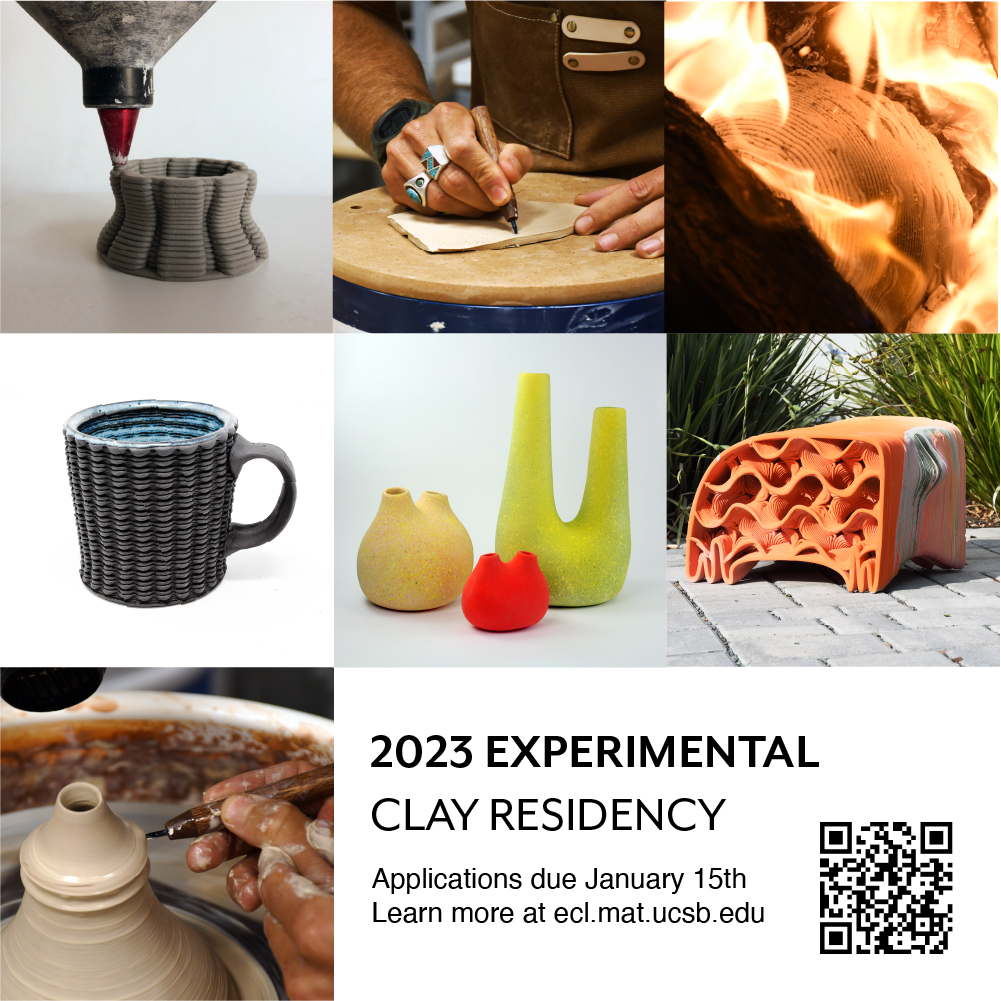 Applications are open for our 2023 Experimental Clay Residency at UCSB in Santa Barbara! This residency is a collaboration with <a href="/leahbuechley/">Leah Buechley</a>'s Hand and Machine Lab lab at UNM.

Details at ecl.mat.ucsb.edu/residency23

Image features work of 22' residents Pilar Wiley and Avi Farber.
