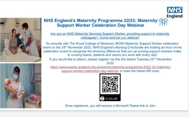 Please share with all MCAs/MSWs and those teams that support them Maternity Support Worker Celebration Day Webinar on 24th November #MSWCelebrationDay2022 @teamCNO_