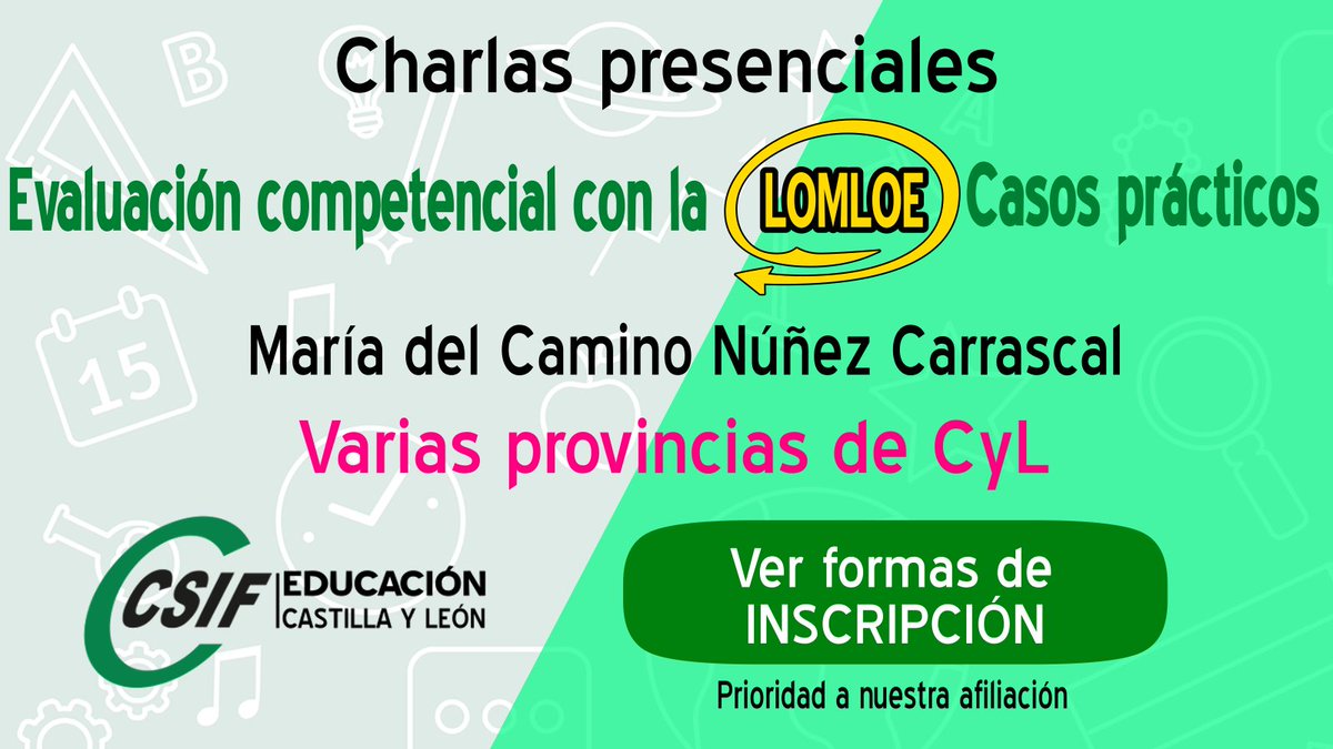 📌📌#CSIF organiza charlas presenciales "Evaluación competencial con la #LOMLOE. Casos prácticos" en varias provincias de #CyL.

👉👉Palencia, Salamanca, Valladolid y Zamora. Iremos añadiendo en este enlace charlas en otras provincias.

📌 AQUÍ👇👇 
csif.es/contenido/cast…