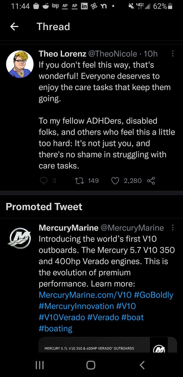 It is utterly fascinating that the algorithm looks at an honest discussion of mental health and decides, 'what this needs is an ad for an outboard motor'