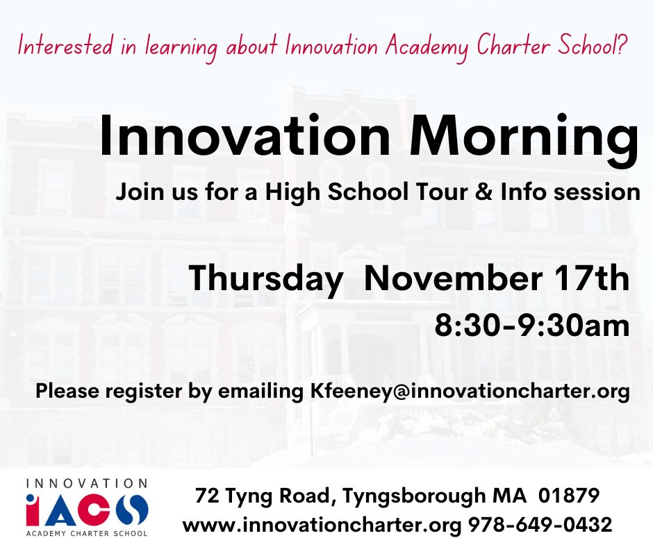 IAcharterschool's tweet photo. Find out more about the High School program at Innovation Academy Charter School.  Join us for a tour &amp; Info session on Thurs Nov 17th from 8:30-9:30am.  Register by emailing KFeeney@innovationcharter.org. Current families, please let interested friends know about this event. https://t.co/4oH261hhgM
