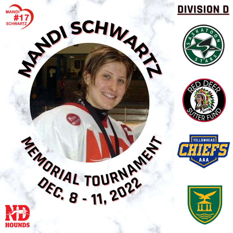 It's time to announce the four divisions for the 2022 Mandi Schwartz Memorial Tournament.

The Female U18 AAA Hounds look forward to hosting all the teams, their families and fans in a few weeks time at the Duncan McNeill Arena in Wilcox, SK! #MS17