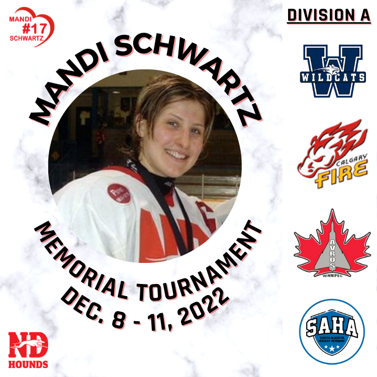 MSchwartzTourny's tweet photo. It's time to announce the four divisions for the 2022 Mandi Schwartz Memorial Tournament.

The Female U18 AAA Hounds look forward to hosting all the teams, their families and fans in a few weeks time at the Duncan McNeill Arena in Wilcox, SK! #MS17 https://t.co/tK6ZjYGsCQ