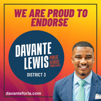 We are proud to support <a href="/davantelewis/">Commissioner Davante Lewis</a> for PSC District 3! Unlike the incumbent, Davante:
✅ is a proven progressives
🙅won’t take💰from Entergy
🌎will fight for 100% renewables

This is the most important election for the climate in the country right now!

VOTE DECEMBER 10