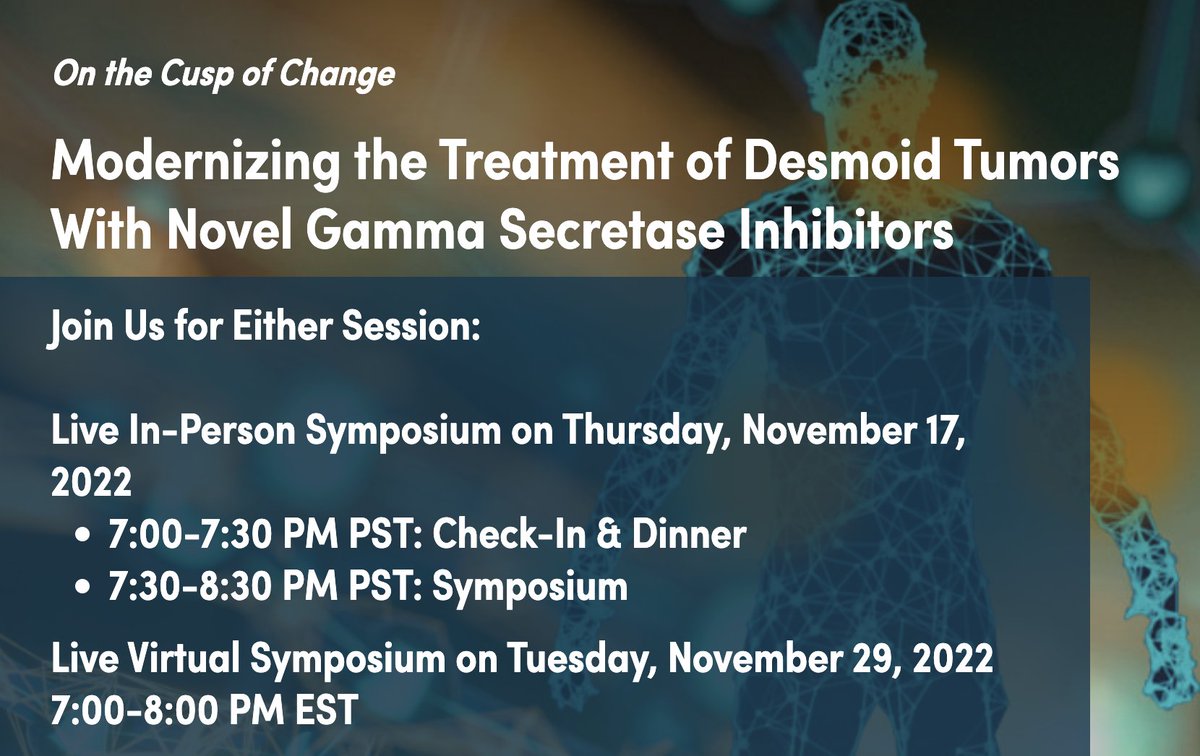 TOMORROW, 11/17 @ 7pm PST during #CTOS2022, <a href="/PeerView/">PeerView</a> will offer a CME satellite symposium on novel therapeutic approaches for #desmoid tumors based on recent clinical trial evidence with experts Drs. Kasper, Gounder, &amp; <a href="/alegronchi/">Alessandro Gronchi</a>. 
REGISTER TODAY: bit.ly/DesmoidTumors2…