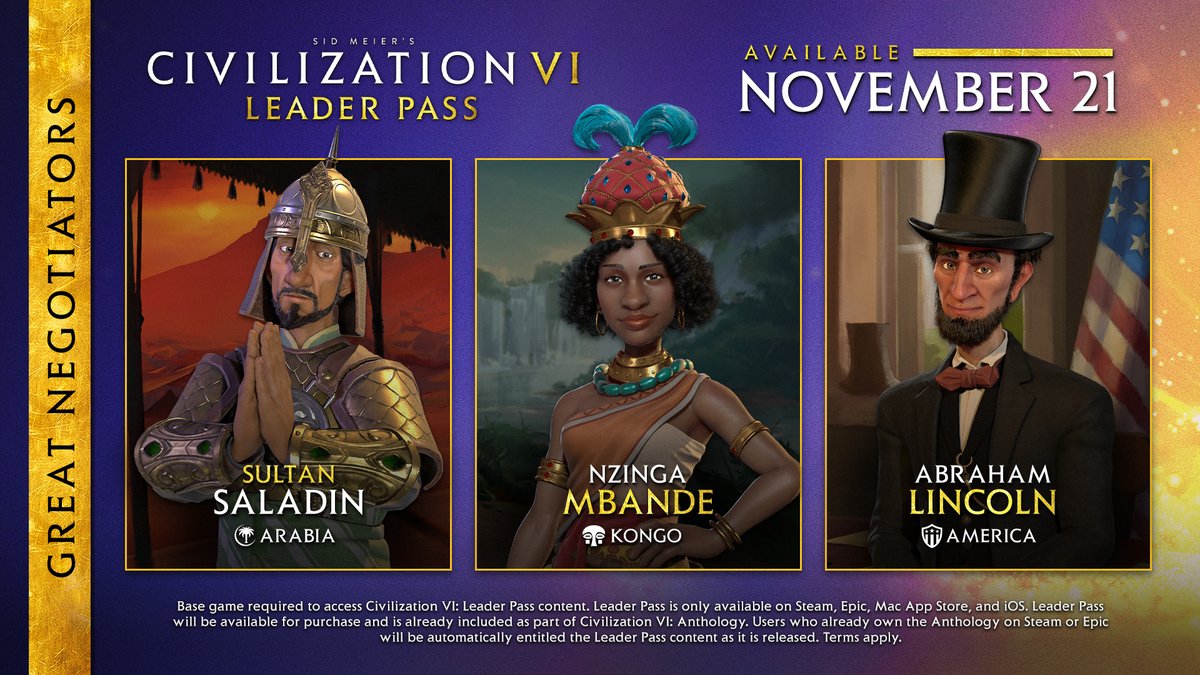 CivGame's tweet photo. Introducing, the 𝗚𝗥𝗘𝗔𝗧 𝗡𝗘𝗚𝗢𝗧𝗜𝗔𝗧𝗢𝗥𝗦

🎩 Abraham Lincoln
👑 Nzinga Mbande
☀️ Sultan Saladin

Part I of the 𝗟𝗘𝗔𝗗𝗘𝗥 𝗣𝗔𝗦𝗦, coming November 21.

👉 https://t.co/mkugkEcotc https://t.co/j5zfHjEyLw