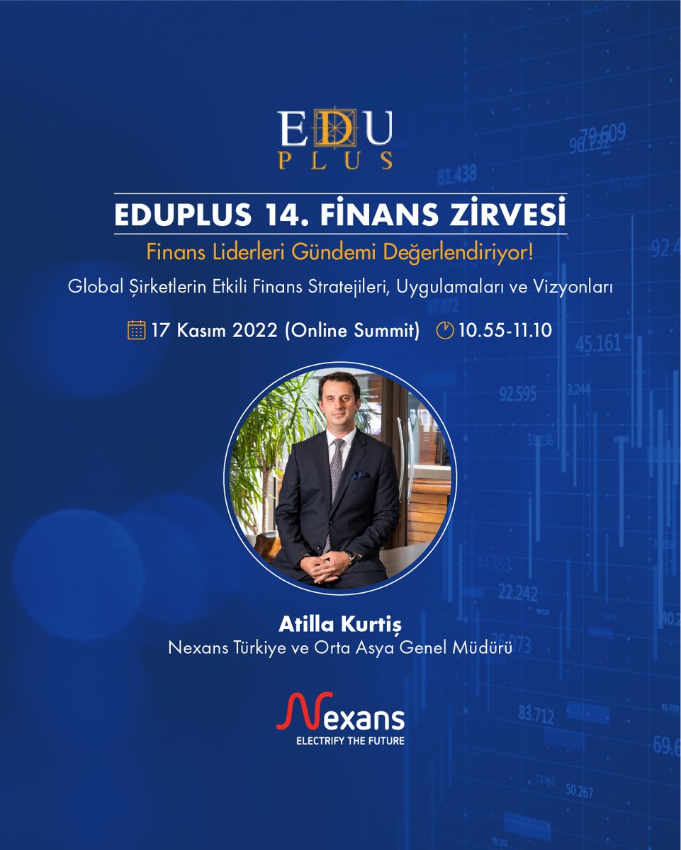 NexansTurkiye's tweet photo. Nexans Türkiye ve Orta Asya Genel Müdürümüz Atilla Kurtiş, bu yıl 14.’sü düzenlenen Eduplus Finans Zirvesi’nde “Global Şirketlerin Etkili Finans Stratejileri, Uygulamaları ve Vizyonları” başlıklı konuşması ile yer alıyor.
#NexansTürkiye #ElectrifyTheFuture #Eduplus #FinansZirvesi https://t.co/CrJ7B8k9Uk