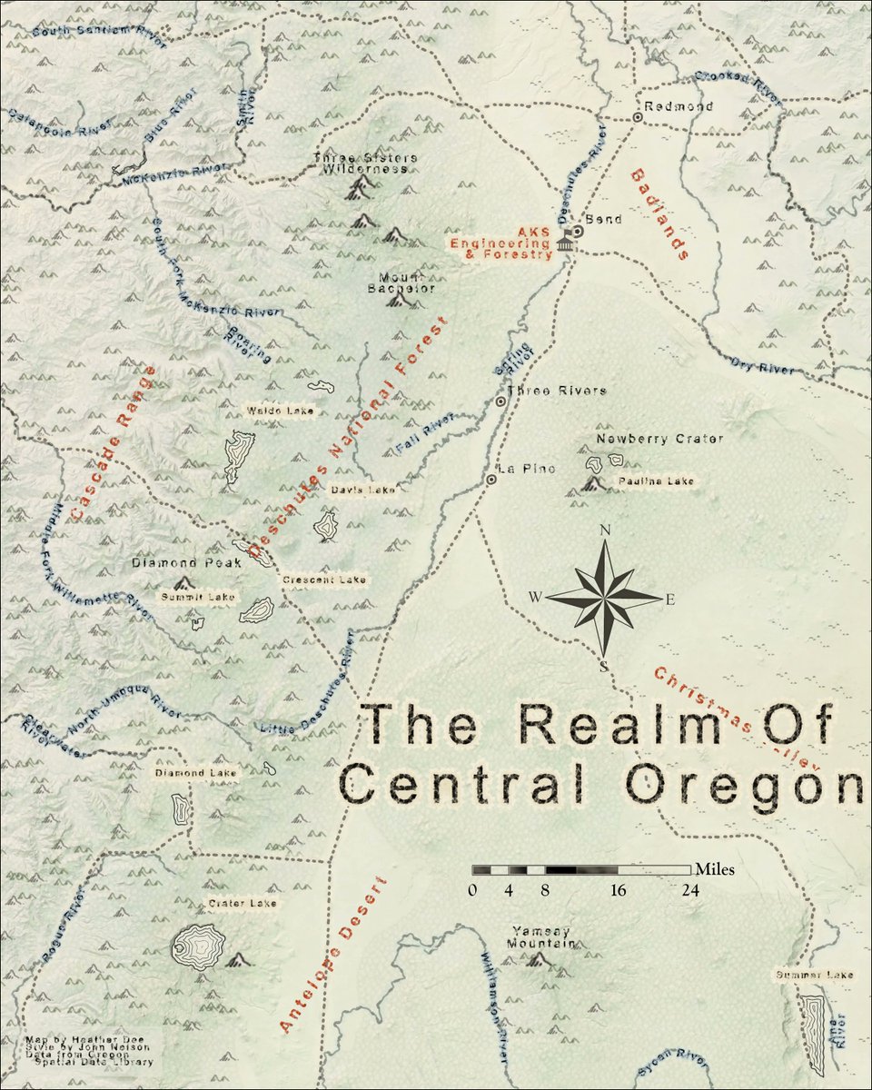 AKS_Engineering's tweet photo. “I wisely started with a map.” – J. R. R. Tolkien

It's #GISDay🎉 Our GIS team works to process, analyze, manage and visualize data for all our clients. They recently shared this LOTR-style map of Central Oregon (feat our Bend office) and we couldn't love it more  💙🗺️ #mapping https://t.co/PmOmqgeqDr