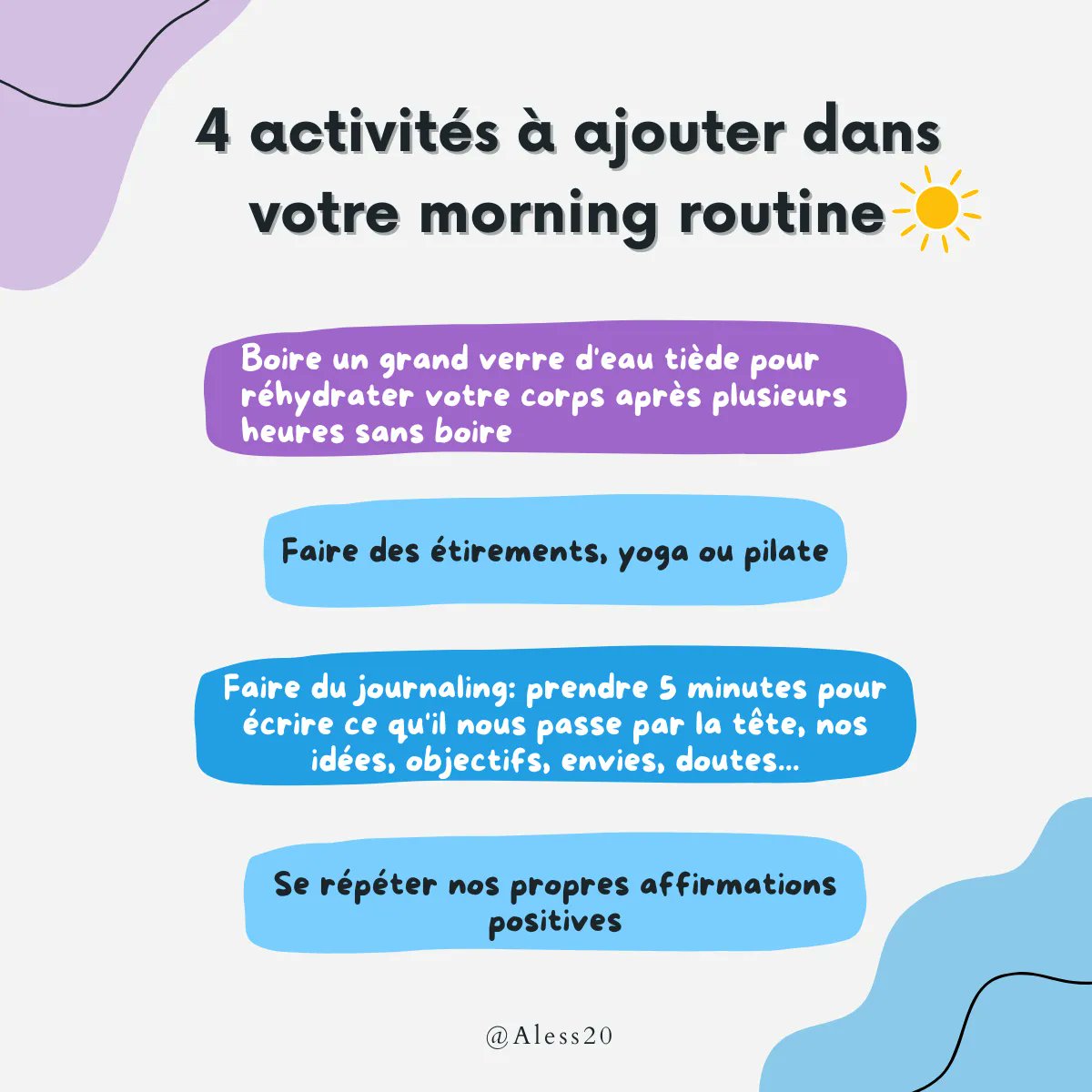alesstwenty's tweet photo. 4 choses à ajouter dans votre #routine du matin ☀️ 🧘 🧠  

#bienêtre #santémentale #meditation https://t.co/gX15a1nHFS