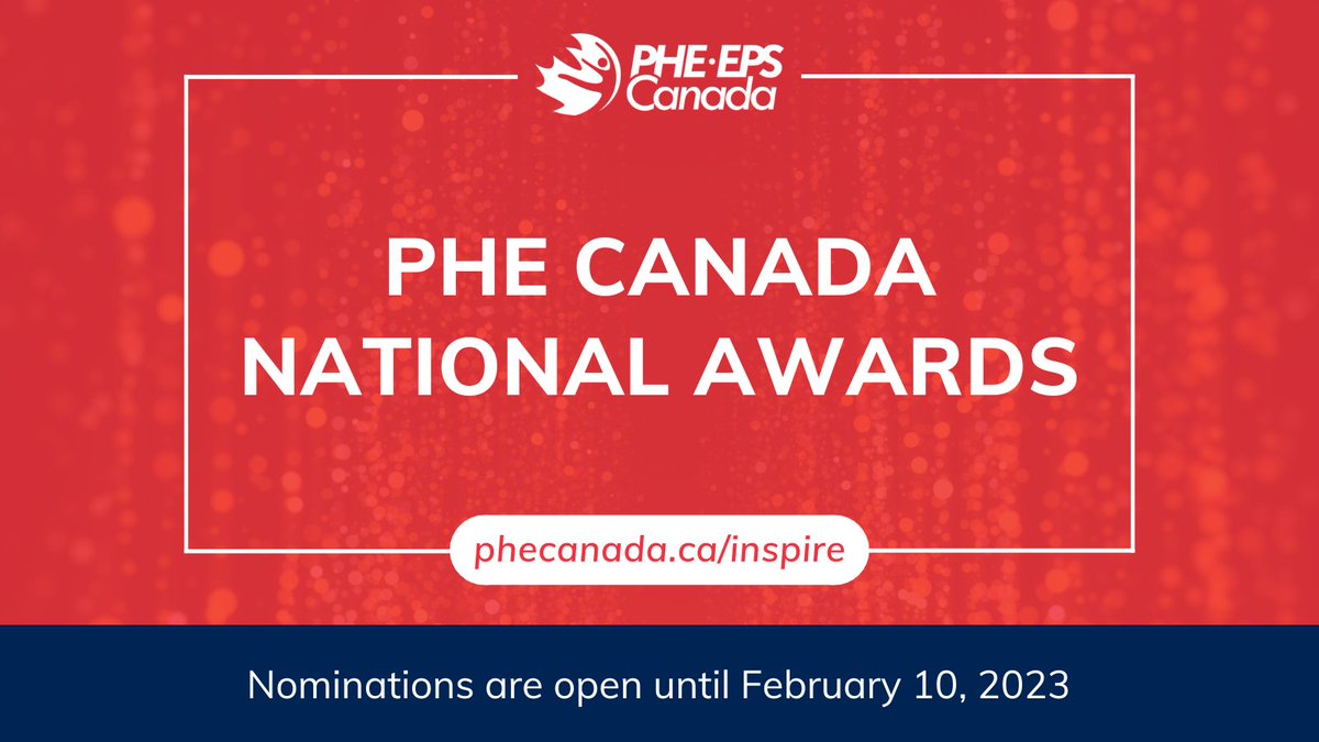 PHECanada's tweet photo. PHE Canada's new National Awards Program is launched, with three award categories to recognize and amplify the incredible work that champions in our PHE Community have accomplished over the past year.
Nominations are open until Friday, February 10, 2023.
https://t.co/TbfvIJv2Rc https://t.co/avStTmuOk6