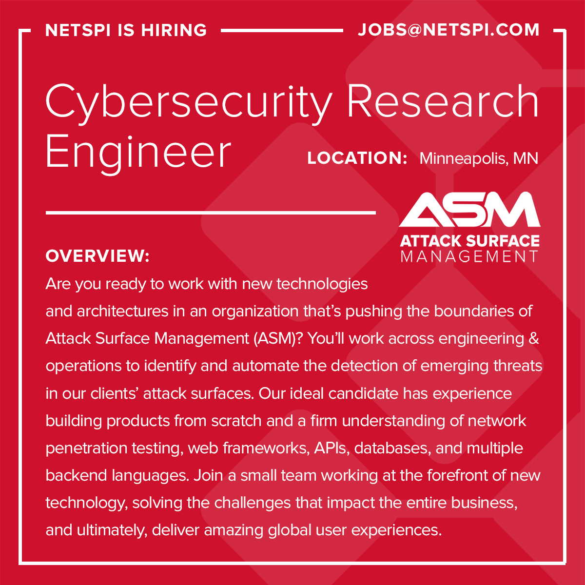 We have some incredible opportunities to join our Attack Surface Management operations team! We're hiring a fullstack engineer, research engineers, and security consultants. Apply today ➡️ netspi.com/careers/ 

#hiring #cybersecurityjobs #attacksurfacemanagement