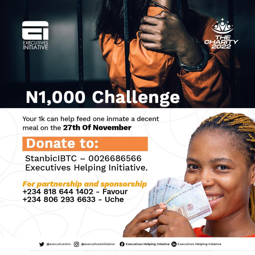 Executivesinc's tweet photo. We are only 10 days away to the Prison Impact
What does your N1000 do?
- It pays for a pack of food/drink for 1 inmate
- New set of toiletries
- purchasing medical supplies
We implore you to donate to this cause , God bless you as you do
#Thecharity2022 #prisonvisitation https://t.co/TbSnbHTVdY