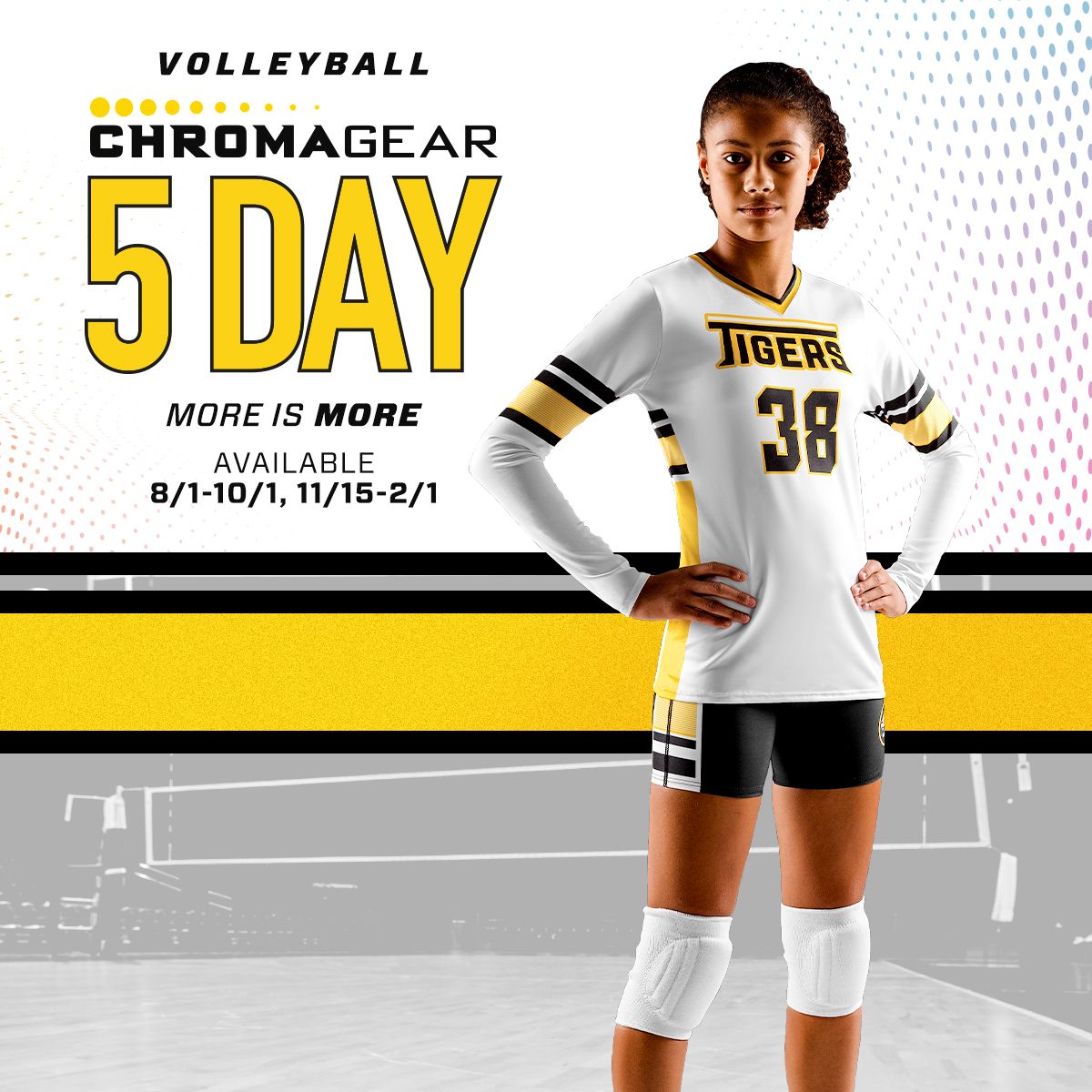 More Designs, More Colors, More Options. The Alleson Chromagear 5-Day Volleyball Jersey is the fastest way to get your team ready to dominate the court. With Chromagear MORE IS MORE.

Design Now: b2b.allesonathletic.com/builder/