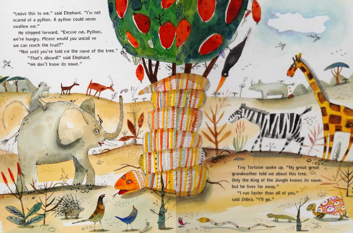OnlineCrsLady's tweet photo. the artwork by Piet Grobler is absolutely wonderful; here come the animals, hungry and thirsty, who want to eat the fruit of the mysterious tree, but the snake will not let them eat any of the fruit until they say the name of the tree:
https://t.co/YNH5C49JQ5
#AnansiBookClub https://t.co/vNpuD8FXWy