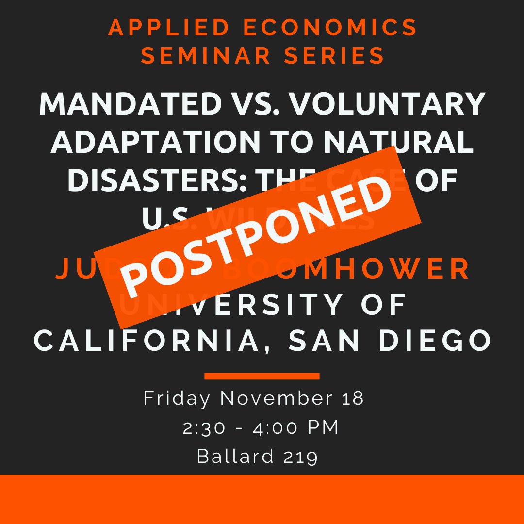 OSUAppliedEcon's tweet photo. Sorry, but this Friday's seminar with Professor Boomhower is postponed until a later date. Stay tuned for updates! https://t.co/H6gq3oQvGd