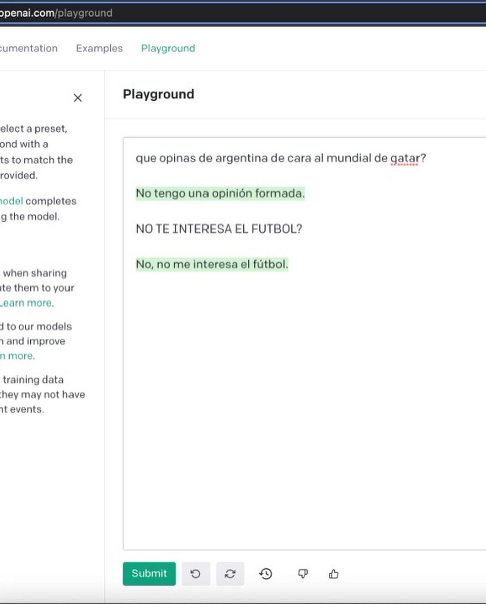 ⚽️ ¿Que dijo la inteligencia artificial sobre quién ganará el mundial de Qatar 2022? Vengo charlando con IA como #gpt3 hace varios años, por ej para hacer el prólogo de #ComoPiensanLasMáquinas 🤖
Y me anime a preguntarle “¿quien ganará el mundial?”
La respuesta en la foto 2  🤯