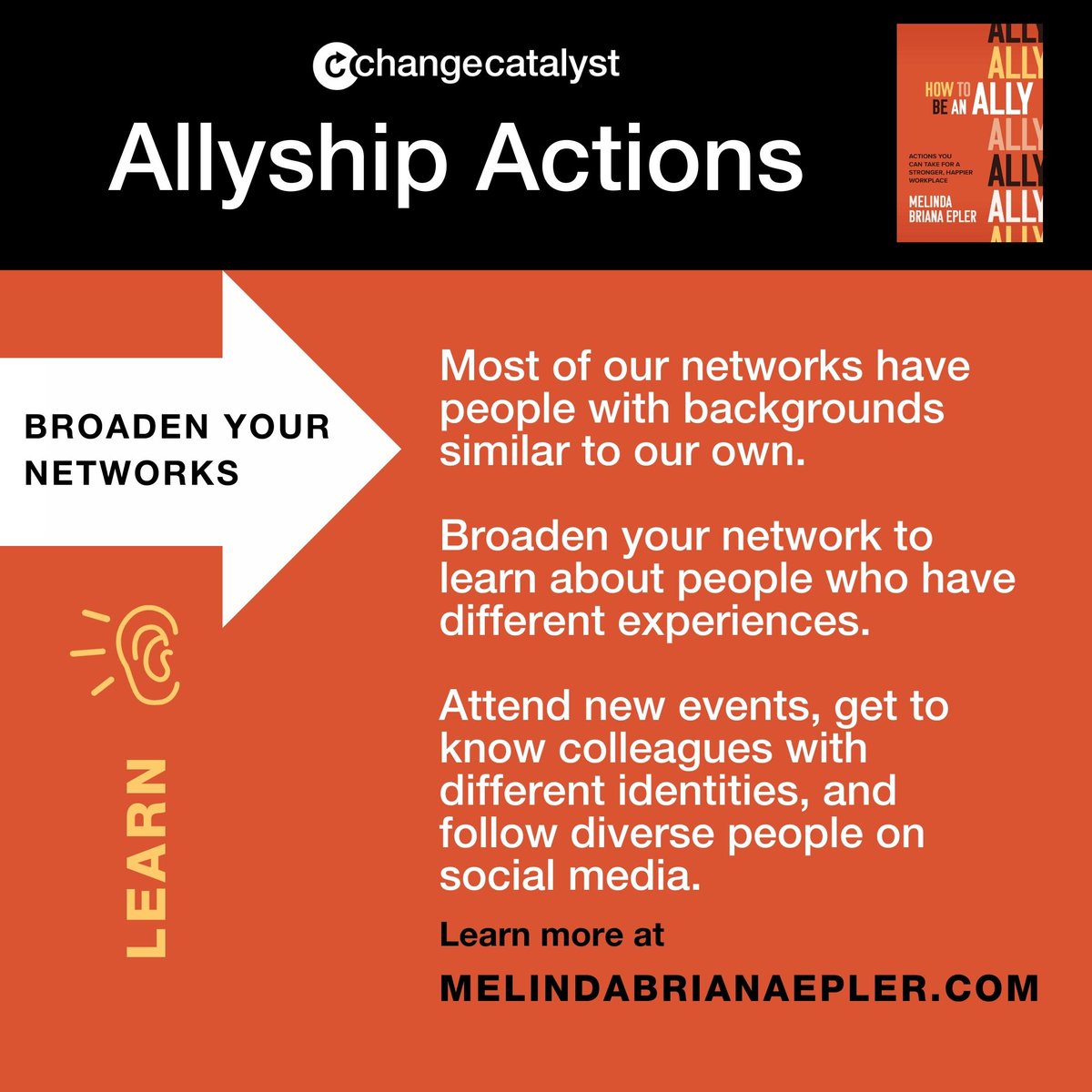 Melinda Briana Epler (@mbrianaepler) on Twitter photo Most of us have people in our networks with similar backgrounds to our own. As an ally, it's important to actively broaden your networks through social media, events, and workplace settings.
MelindaBrianaEpler.com 📙
#BeAnAlly #AllyshipActions #DEI Most of us have people in our networks with similar backgrounds to our own. As an ally, it's important to actively broaden your networks through social media, events, and workplace settings.
MelindaBrianaEpler.com 📙
#BeAnAlly #AllyshipActions #DEI