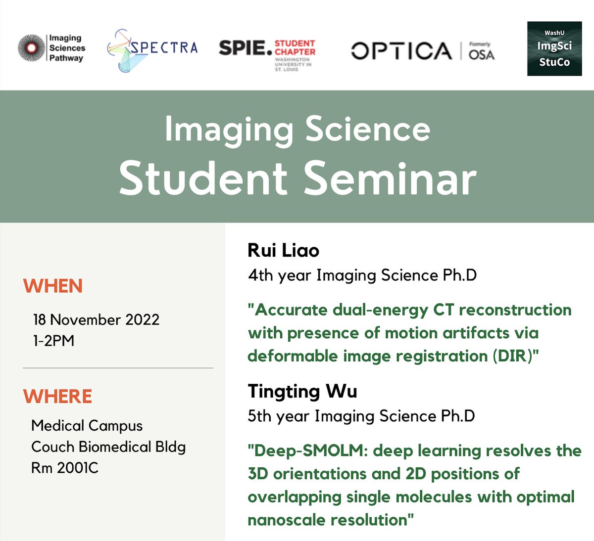 WashU Imaging Science Student Council (@wuimgsci_stuco) on Twitter photo Join Imaging Science’s Student Seminar this Friday!(11/18, 1-2pm) Ph.D candidates Rui Liao and <a href="/Tingting_Wu_/">Tingting Wu</a> will share their awesome work ☕️🥯
+ This seminar is open to anyone in or interested in imaging research. ✉️ us if you want to join our mailing list or want to present! Join Imaging Science’s Student Seminar this Friday!(11/18, 1-2pm) Ph.D candidates Rui Liao and <a href="/Tingting_Wu_/">Tingting Wu</a> will share their awesome work ☕️🥯
+ This seminar is open to anyone in or interested in imaging research. ✉️ us if you want to join our mailing list or want to present!