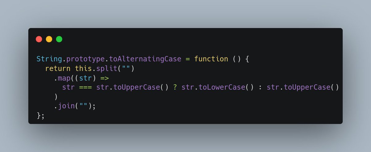 ravindrapv5's tweet photo. altERnaTIng cAsE <=> ALTerNAtiNG CaSe 
#codewars @AltCampus #javascript #100daysofcoding https://t.co/pjX6jT5fr8