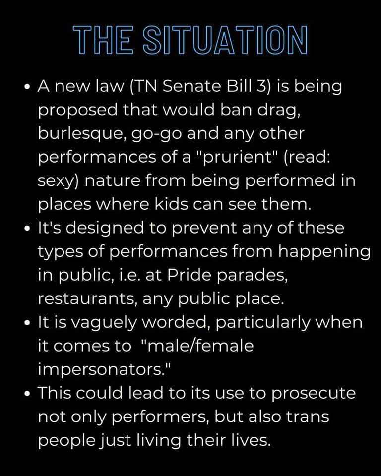 Sniickersnee's tweet photo. BURLESQUE, DRAG, AND TRANS IS NOT A CRIME ! 

Thanks to Viola Vainglory for these graphics. Contact your senator TODAY to let them know this new law is dangerous and transphobic. https://t.co/bqN4bv2C9T