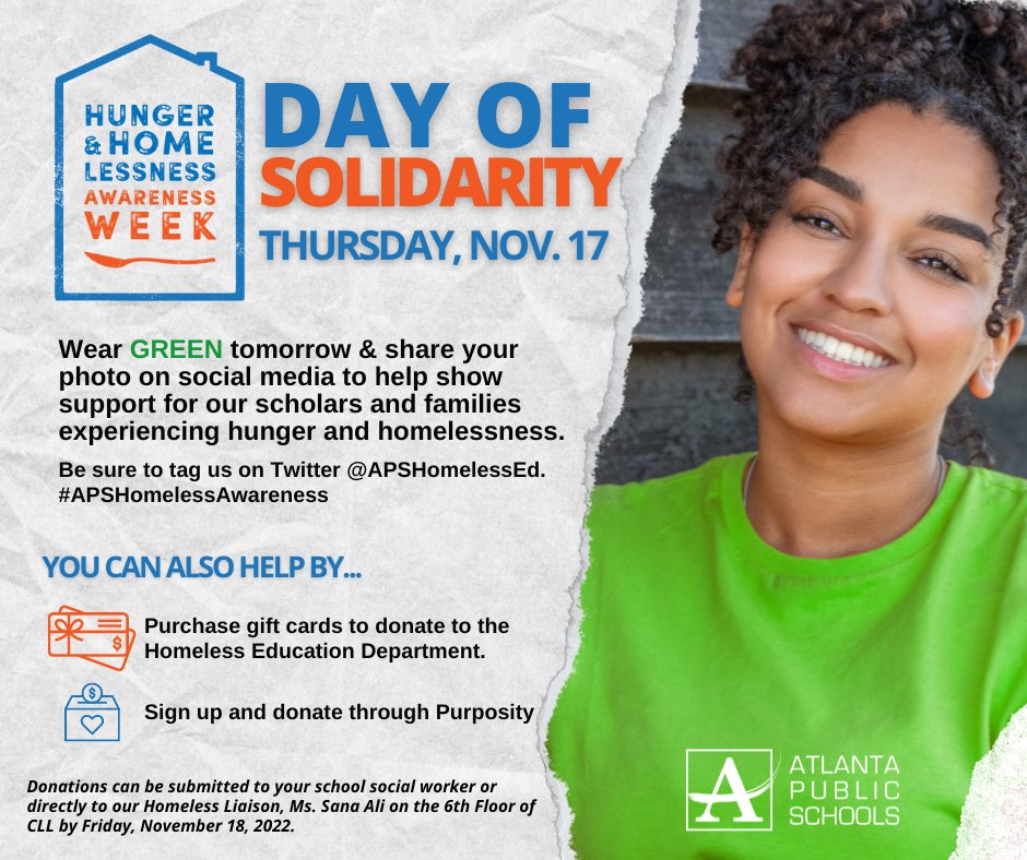 Tomorrow is the Day of Solidarity - wear GREEN &amp; share your photo on social media to help show support for our scholars and families experiencing hunger and homelessness.
Be sure to tag us <a href="/APSHomelessEd/">Sana Ali, LMSW</a> #APSHomelessAwareness #homelessness