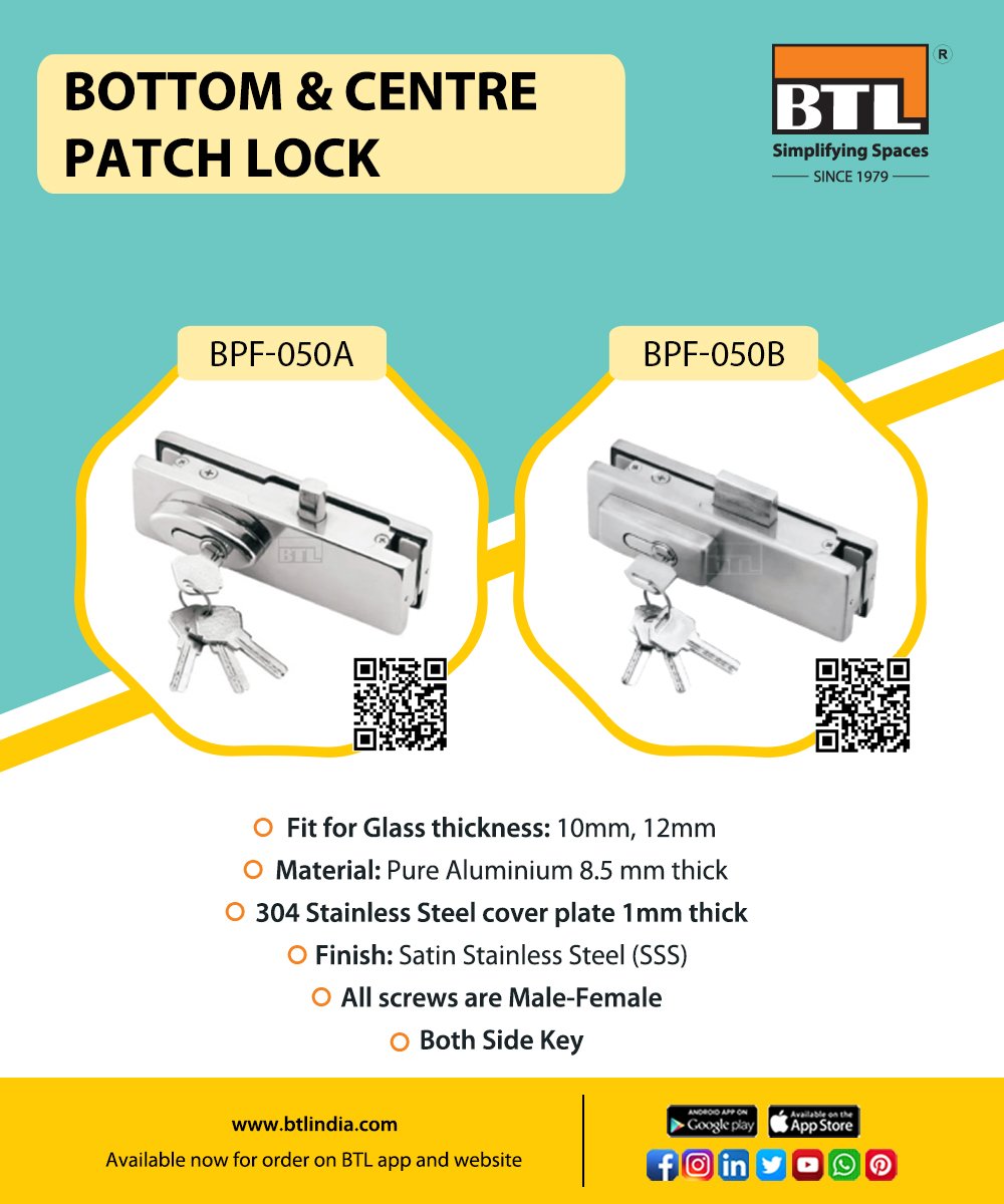 Bottom and Centre Patch Lock for Glass Doors. Made of Pure Aluminium with a thick SS304 plate cover with keys on both sides. Get details here: btlindia.com/product/bottom… 

#patchlock #glassdoorlock #patchfittings #btl #btlindia #hardwarefittings #glassfittings