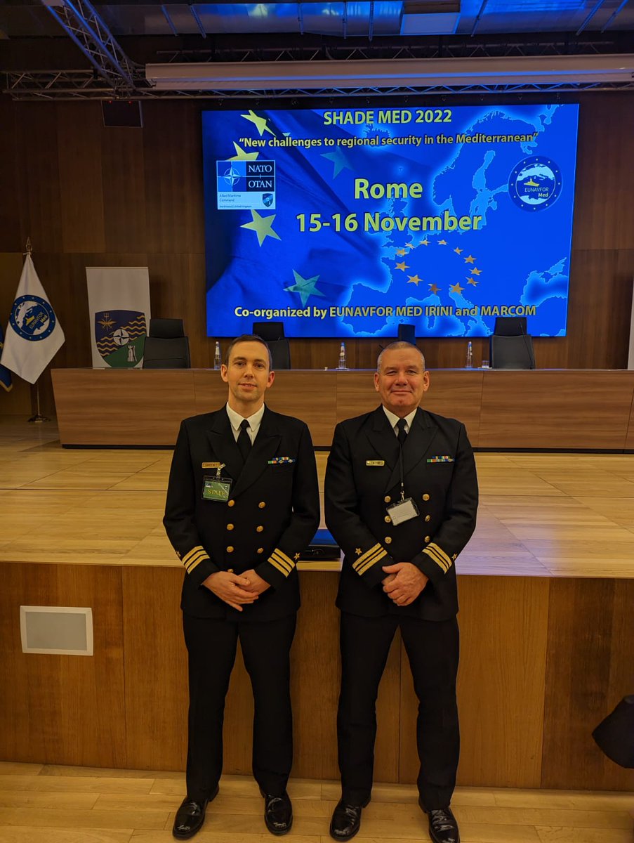 Cdr Brian Sweeney and Lt Cdr Eoin Smyth representing Ireland 🇮🇪 & @naval_service ⚓ at #SHADEMED2022 co-organised by @EUNAVFOR_MED OP IRINI 🇪🇺 & @NATO_MARCOM #navy #CSDP #StrongerTogether