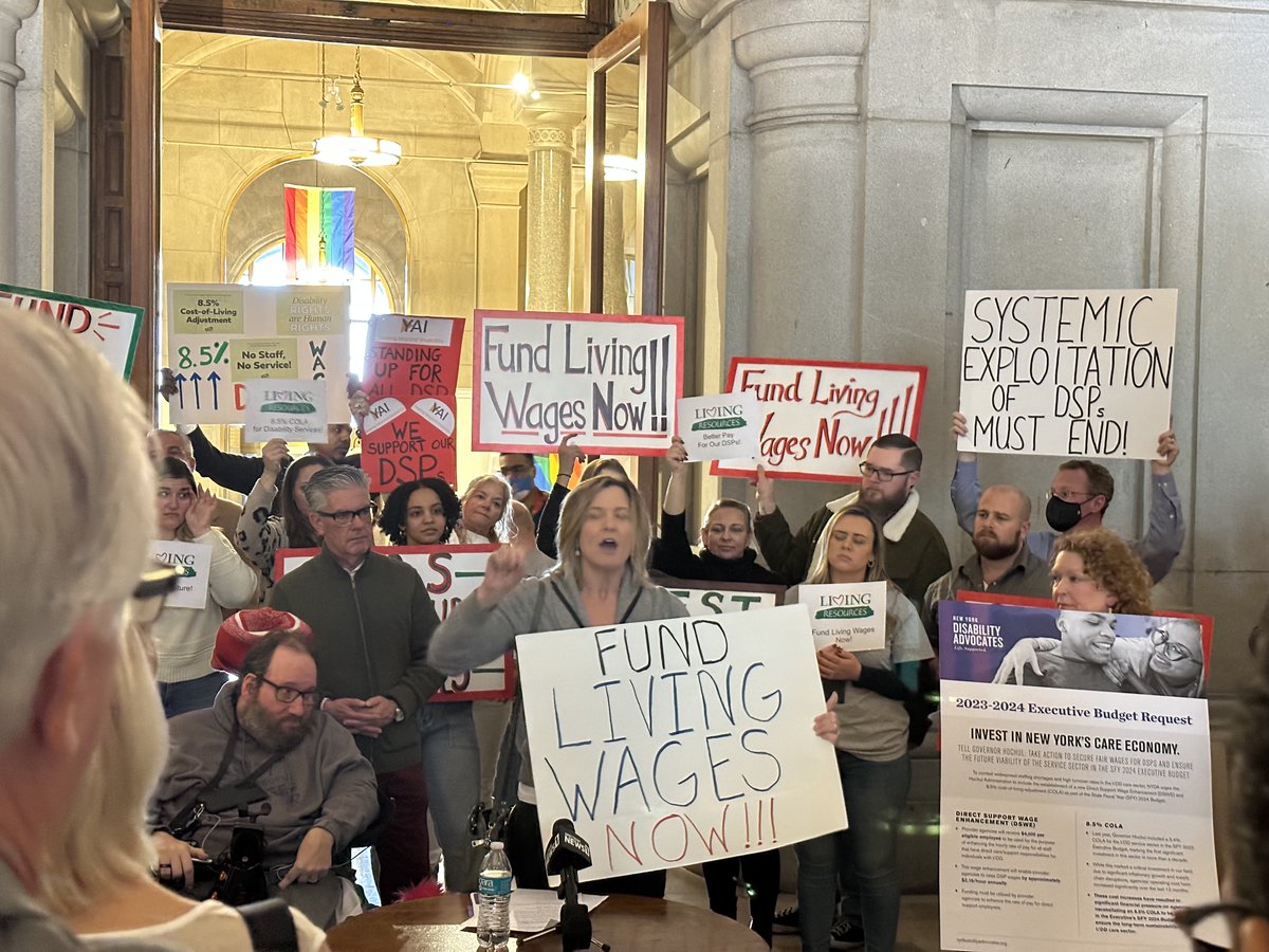 NYDisabilityAdv's tweet photo. Today, 200+ self-advocates, family members, DSPs, and disability care organization members came together at the State Capitol to tell lawmakers that the time is NOW to invest in NY's care economy and ensure the future viability of the I/DD service system. #carecantwait https://t.co/8rgCZs2otV