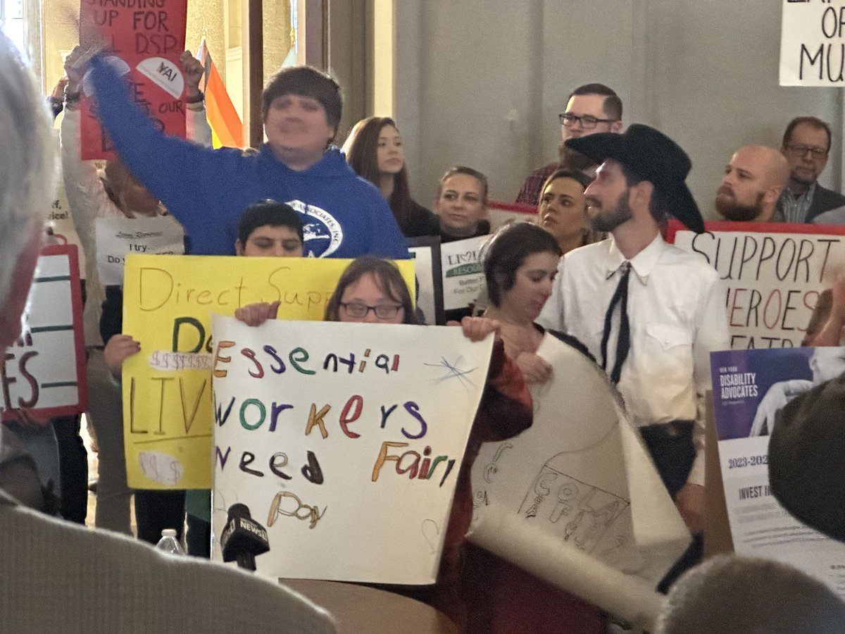 NYDisabilityAdv's tweet photo. Today, 200+ self-advocates, family members, DSPs, and disability care organization members came together at the State Capitol to tell lawmakers that the time is NOW to invest in NY's care economy and ensure the future viability of the I/DD service system. #carecantwait https://t.co/8rgCZs2otV