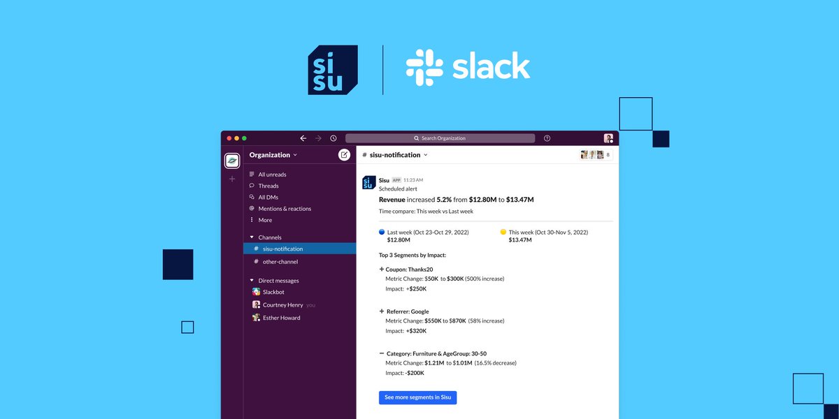 💥 Just announced—Sisu for <a href="/SlackHQ/">Slack</a>, enabling everyone to quickly &amp; easily leverage ML-powered insights right where they’re already working.

Learn how to get started in this blog by <a href="/g_saraf_/">Gaurav Saraf</a>: bit.ly/3hkPAwd