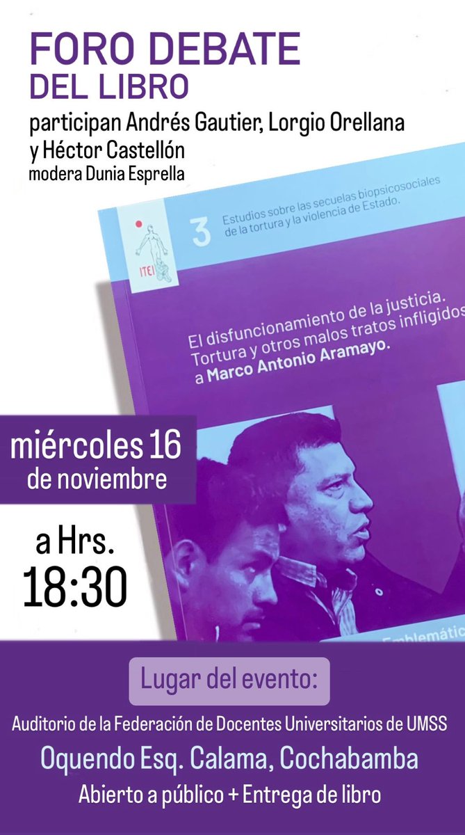 ITEILaPaz's tweet photo. HOY PRESENTACION DEL CASO ARAMAYO A LAS 18:30 EN EL SALON DE LA FUNDACION UNIVERSITARIA DE DOCENTES UMSS DE COCHABAMBA https://t.co/jxBkWSMDAi
