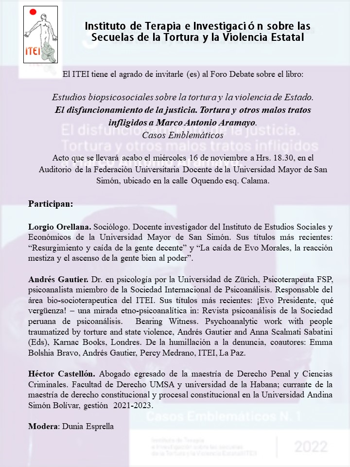 ITEILaPaz's tweet photo. HOY PRESENTACION DEL CASO ARAMAYO A LAS 18:30 EN EL SALON DE LA FUNDACION UNIVERSITARIA DE DOCENTES UMSS DE COCHABAMBA https://t.co/jxBkWSMDAi