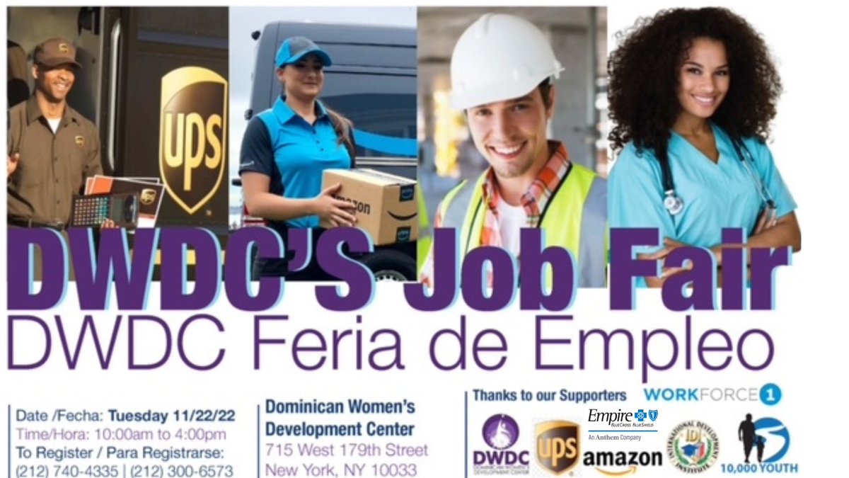 DWDC is excited to invite you to our job fair on Tuesday, November 22nd, 2022 from 10am to 4pm. Location: 715 West 179th street, NY, NY. 

For more information or to register: 212-740-4335. We accept walk in too.