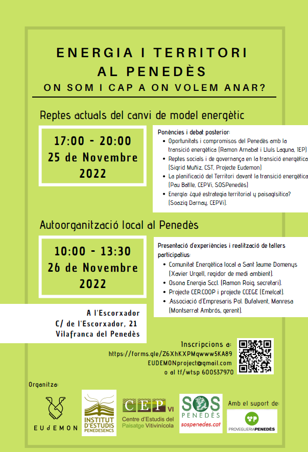EUDEMONproject's tweet photo. Convoquem les jornades ENERGIA I TERRITORI AL PENEDÈS: on som i cap a on volem anar?
a l'espai Escorxador de Vilafranca del Penedès,
25 i 26 de novembre de 2022
📝inscripcions: https://t.co/1M1RGHkOvo
@IEPenedesencs @SOSPenedes #CEPvi @ProVPenedes https://t.co/M3uvne7esY