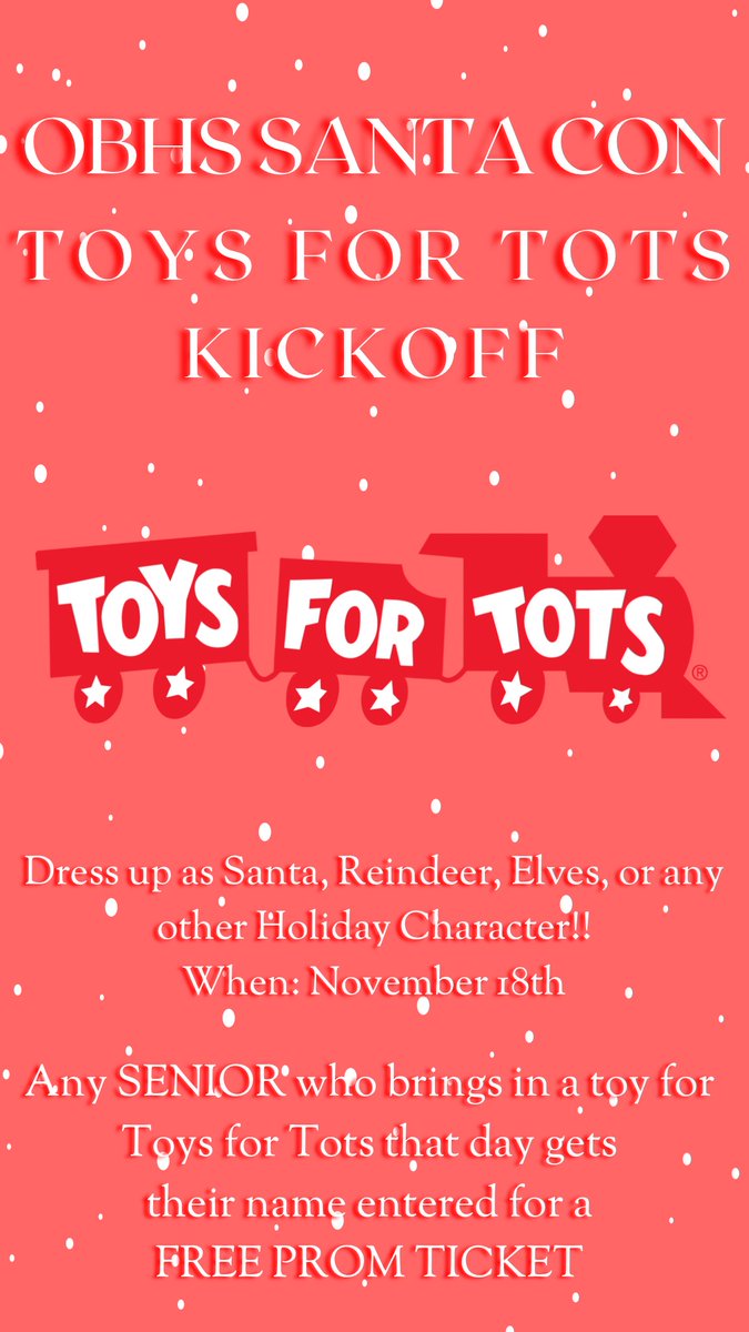 This Friday, OBHS kicks off our Toys for Tots Campaign with our 1st annual SANTCON! Dress up as your favorite holdiay character and also bring in a new unwrapped toy/book!  @OBSupCittadino <a href="/FazioSally/">Mrs. Fazio 💜</a> <a href="/OBPeer/">OBHS Peer</a>