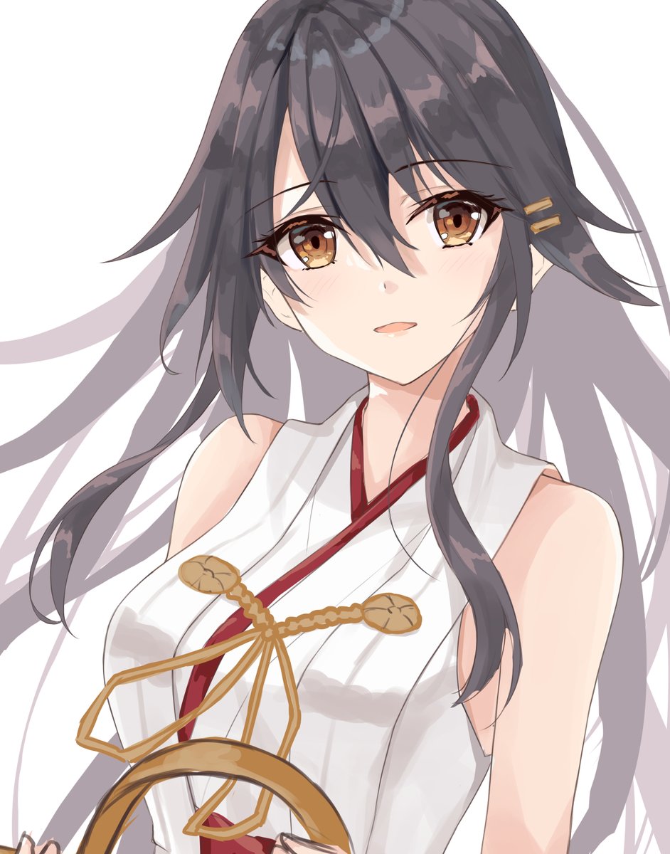 haruna (kancolle) 1girl long hair solo black hair hairclip hair ornament brown eyes  illustration images