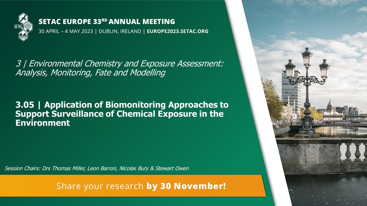 For those of you considering a presentation at #SETACDublin, we encourage you to submit your abstract to our session: Track 3, Session 3.05 on "Application of Biomonitoring Approaches to Support Surveillance of Chemical Exposure in the Environment" tinyurl.com/2p883anf