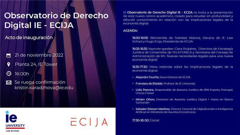 Felices de anunciar desde <a href="/ECIJA/">ECIJA</a> el lanzamiento junto con la <a href="/ielawschool/">IE Law School</a> del "Observatorio de Derecho Digital", un think tank de estudio y reflexión sobre las repercusiones jurídicas del impacto de la tecnología en la sociedad. Inscripciones al acto de inauguración, aquí 👇
