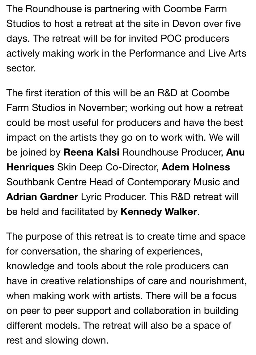 kalsi_reena's tweet photo. Just before @RoundhouseLDN’s season PROCESS comes to an end, I’m heading to @Coombestudios with the incredible @ademholness @adriandgard @tweetskindeep and @kennedysrwalker this weekend, for the first R&amp;D to realise a producers retreat, for producers of colour in the future. https://t.co/uV26Ml8Ain