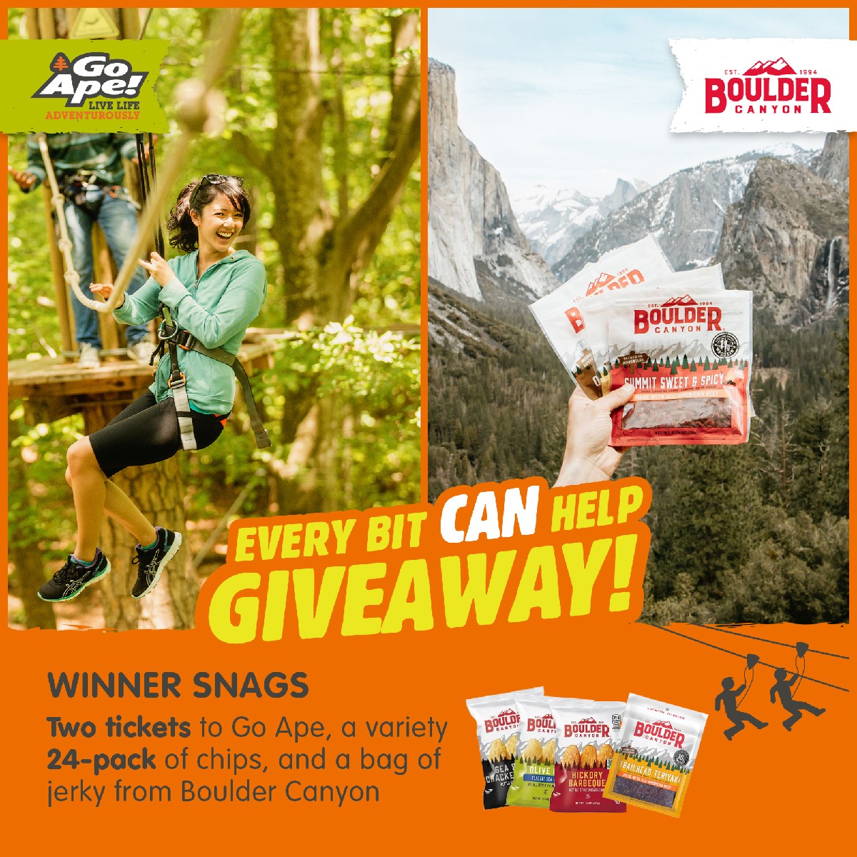 We've teamed up with Go Ape USA to give away snacks and adventurous tickets to you — and others! Enter to win 2 FREE tickets, chips and jerky, and we'll donate chips to a local food bank in your name! 

To enter, head over to our Instagram page at fal.cn/3tEy3