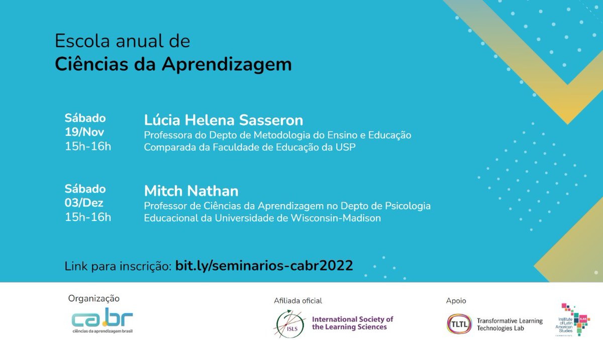 TLTLab (@tltlab) on Twitter photo Fique ligado! Neste sábado (19 de nov) e no dia 3 de dez acontecerá a Escola Anual de Ciências da Aprendizagem ’22-23, com palestras de Lúcia Helena Sasseron (<a href="/usponline/">USP - Universidade de São Paulo</a>) e Mitch Nathan (<a href="/UWMadison/">UW–Madison</a>)
📝:bit.ly/seminarios-cab…
15h BRT. 19/Nov (português), 03/Dez (inglês/português) Fique ligado! Neste sábado (19 de nov) e no dia 3 de dez acontecerá a Escola Anual de Ciências da Aprendizagem ’22-23, com palestras de Lúcia Helena Sasseron (<a href="/usponline/">USP - Universidade de São Paulo</a>) e Mitch Nathan (<a href="/UWMadison/">UW–Madison</a>)
📝:bit.ly/seminarios-cab…
15h BRT. 19/Nov (português), 03/Dez (inglês/português)
