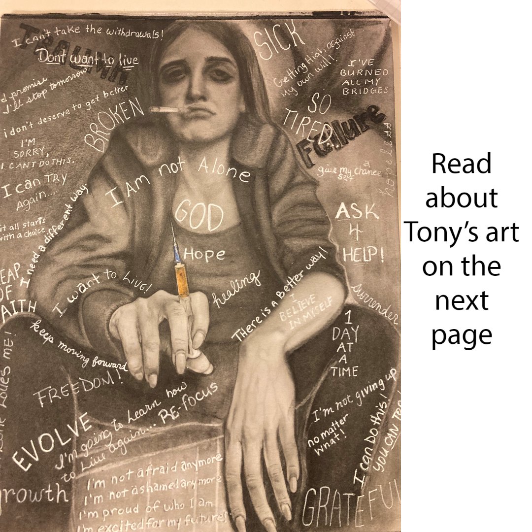 TCADR's tweet photo. Congratulations Tony, TCADR Recovery Specialist, for placing 3rd in the annual DEA Heroin &amp; Opioid Art Exhibit! Tony, a self taught artist, uses his talents to make others smile, cope with stress, &amp; spread the message of recovery.  Scroll to see the art &amp; his story. #stoptheODs https://t.co/3p9m3WhMK9
