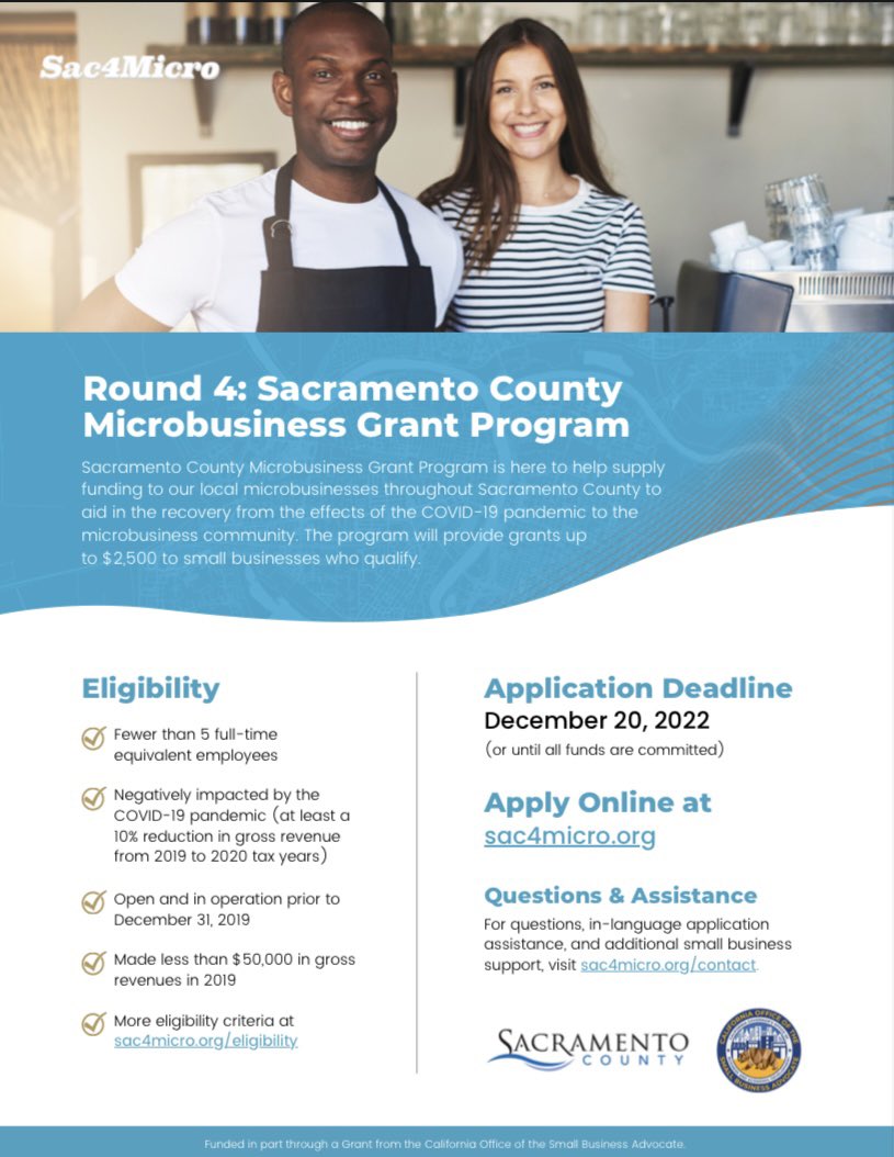 Round 4 is now open! The Sacramento County Microbusiness Grant Program is here to supply funding to local microbusinesses throughout Sac County to aid in the recovery of the COVID-19 pandemic. To see eligibility requirements, visit Sac4Micro.org

#Sac4Micro