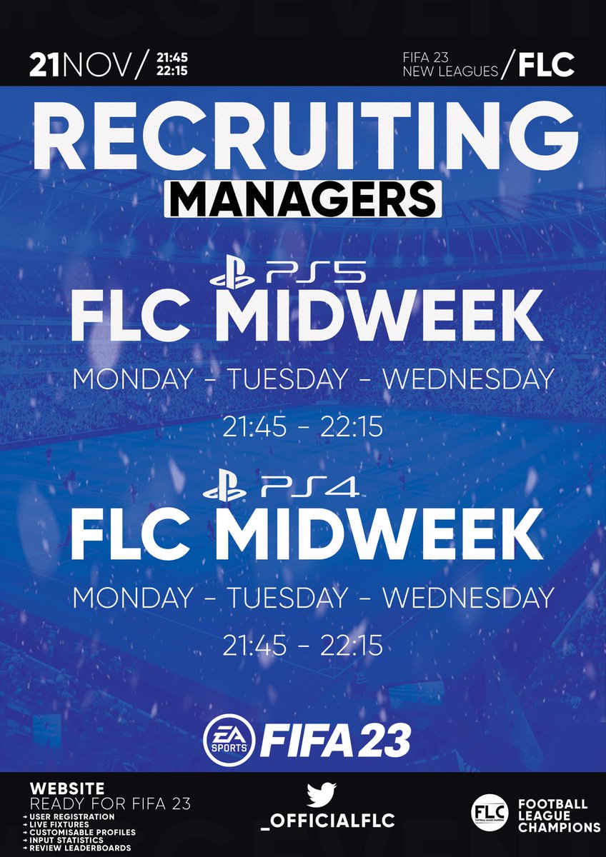 🏆 Are you the next best?

FLC is looking for managers for our midweek league! Currently looking for:

🎮 PS4 Version: 𝗶𝗺𝗺𝗲𝗱𝗶𝗮𝘁𝗲 𝘀𝘁𝗮𝗿𝘁 
🎮 PS5 Version: starts November 21st 

Join our Discord 👇
discord.gg/PTCmUUF3hM