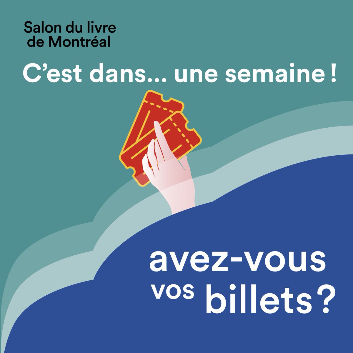 Salon du livre de Montréal (@salonlivremtl) on Twitter photo À la recherche d’une activité à faire la semaine prochaine? 👀
Ça tombe bien!
Le <a href="/salonlivremtl/">Salon du livre de Montréal</a> se tiendra au Palais des congrès du 23 au 27 novembre prochain. 📚
Procurez-vous vos billets dès maintenant sur notre billetterie en ligne!
📝 bit.ly/3EzgOZh À la recherche d’une activité à faire la semaine prochaine? 👀
Ça tombe bien!
Le <a href="/salonlivremtl/">Salon du livre de Montréal</a> se tiendra au Palais des congrès du 23 au 27 novembre prochain. 📚
Procurez-vous vos billets dès maintenant sur notre billetterie en ligne!
📝 bit.ly/3EzgOZh