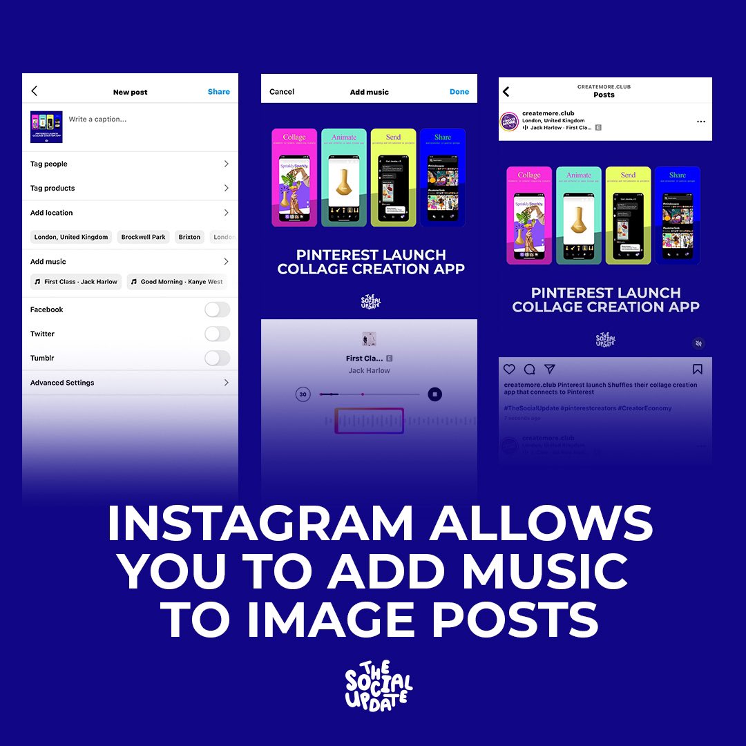createmore_club's tweet photo. Instagram has added the capacity to add music to still image posts, providing another way to integrate music into the IG experience 
#TheSocialUpdate https://t.co/ZQSsLUH6Ca