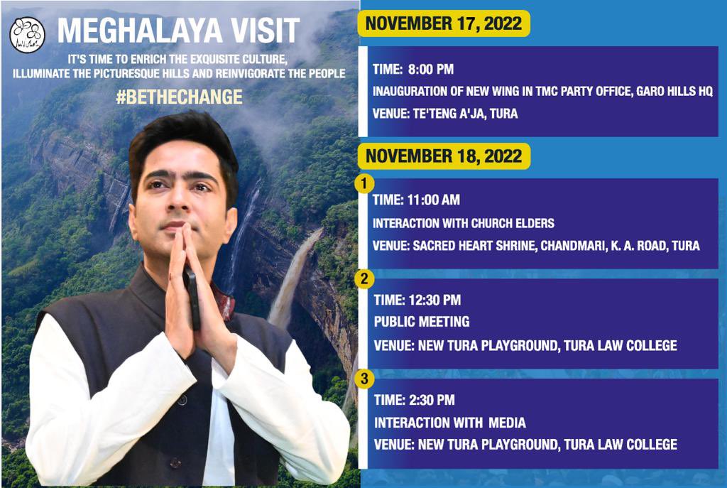 AITCofficial's tweet photo. Our National General Secretary Shri @abhishekaitc will visit Tura, Meghalaya.

Determined and dedicated, we march towards bringing growth and progress in the beautiful hill state! https://t.co/qSrb4cROPv