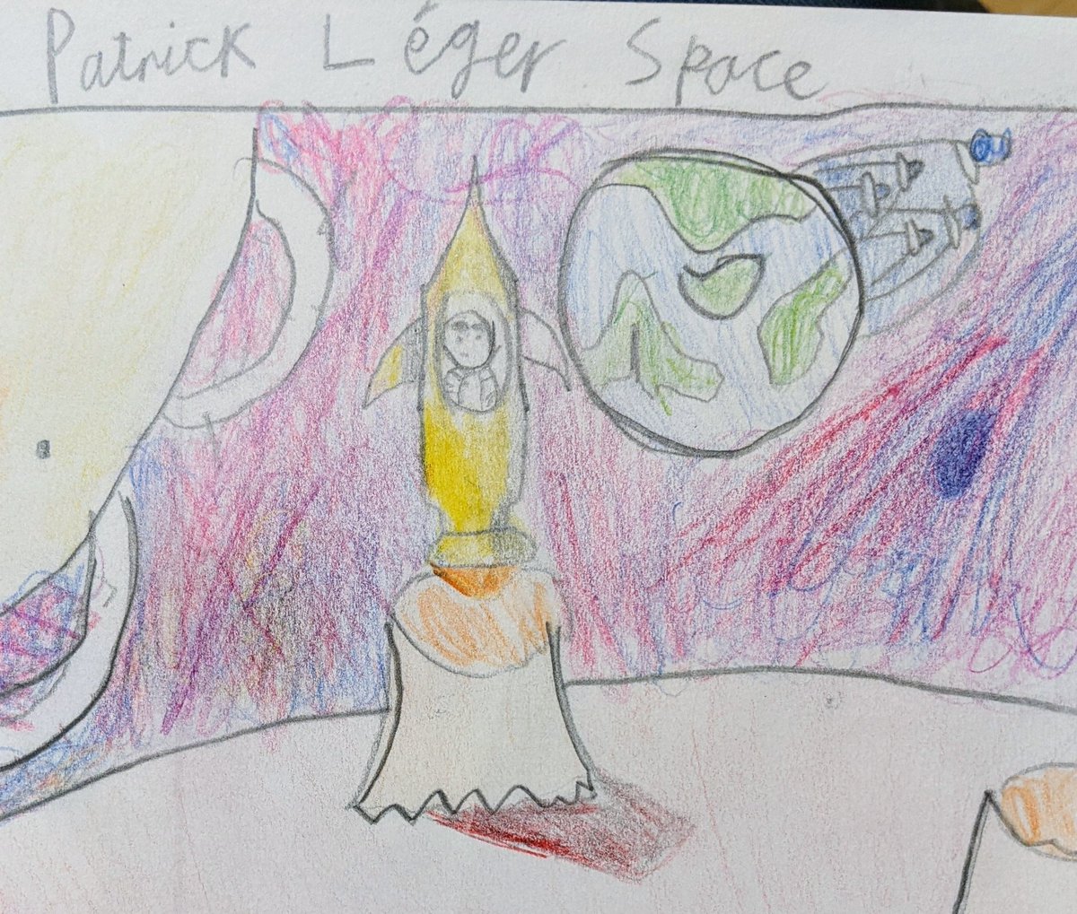 Here's my son's entry (Robert, Age 9) for #KidsDrawRockets22 part inspired by Patrick Léger (@frenchprinter)