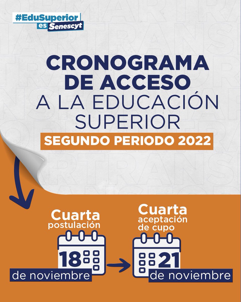 EduSuperiorEc's tweet photo. ¿Aún no tienes un cupo para acceder a la educación superior? 🎓

👉 Senescyt habilitó una cuarta fase de postulación 👈
Ingresa el viernes, 18 de noviembre, en https://t.co/BJBACZyJDy. 

¡Y elige una de las 618 carreras disponibles! https://t.co/7TXzRMWUCF